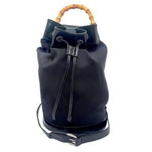 Rare GUCCI Authentic Black Drawstring Sling Bag Leather Nylon With Bamboo Handle